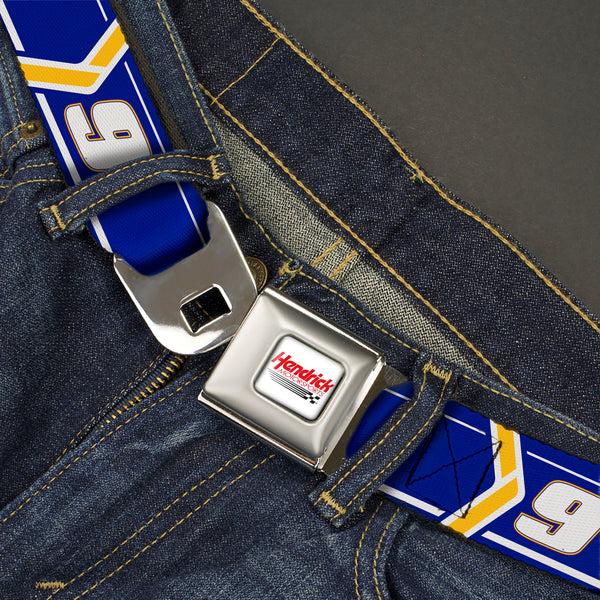 Buckle-Down HENDRICK MOTORSPORTS Checker Logo Full Color Red/White Seatbelt Belt - Chase Elliott #9 Car Scheme Blue/Yellow/White Webbing