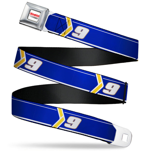 Buckle-Down HENDRICK MOTORSPORTS Checker Logo Full Color Red/White Seatbelt Belt - Chase Elliott #9 Car Scheme Blue/Yellow/White Webbing