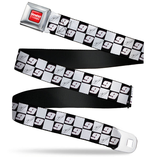 Buckle-Down HENDRICK MOTORSPORTS Checker Logo Full Color Red/White Seatbelt Belt - Chase Elliott Autograph and #9 Checker Logo Black/White/Blue Webbing