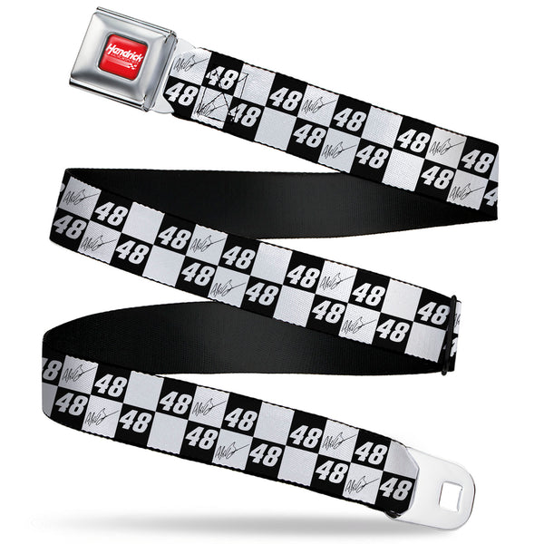 Buckle-Down HENDRICK MOTORSPORTS Checker Logo Full Color Red/White Seatbelt Belt - Alex Bowman Autograph and #48 Checker Logo Black/White Webbing