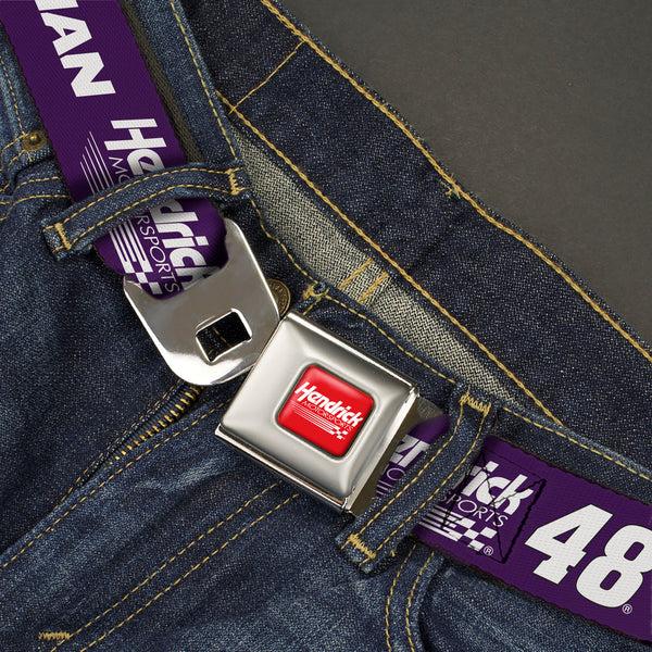 Buckle-Down HENDRICK MOTORSPORTS Checker Logo Full Color Red/White Seatbelt Belt - ALEX BOWMAN #48 Hendrick Motorsports Racing Logo Purple/White/Pink Webbing