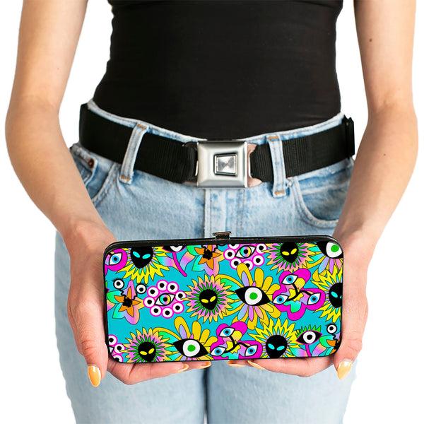 Buckle-Down Hinged Wallet - Funky Alien Flowers Aqua Blue/Multi Color