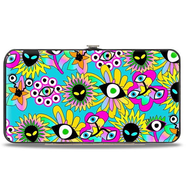 Buckle-Down Hinged Wallet - Funky Alien Flowers Aqua Blue/Multi Color