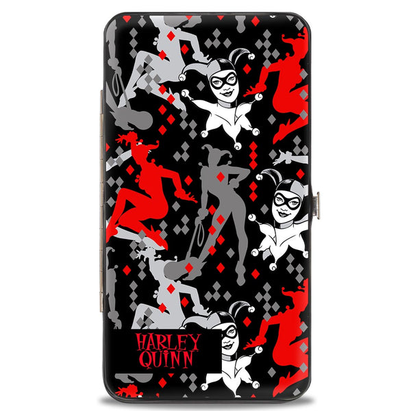 Buckle-Down Hinged Wallet - Harley Quinn CRAZY Face Silhouette Poses Diamonds Black Grays Red White