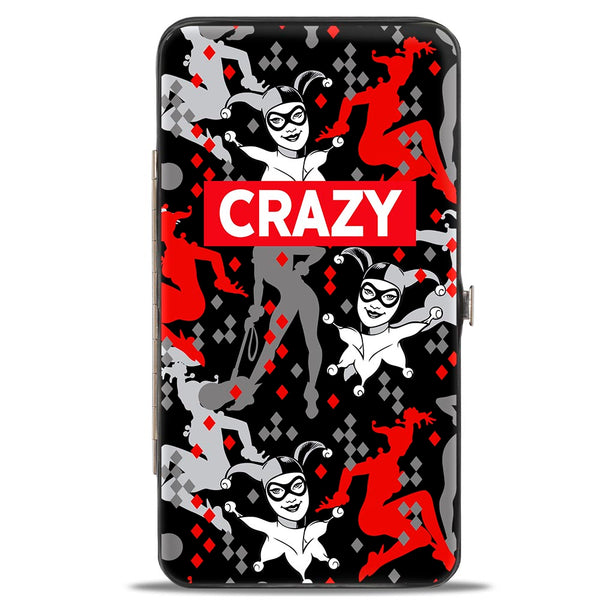 Buckle-Down Hinged Wallet - Harley Quinn CRAZY Face Silhouette Poses Diamonds Black Grays Red White