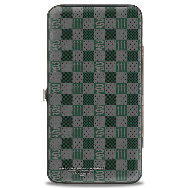 Buckle-Down Hinged Wallet - Harry Potter SLYTHERIN Crest Heraldry Checkers Gray Greens