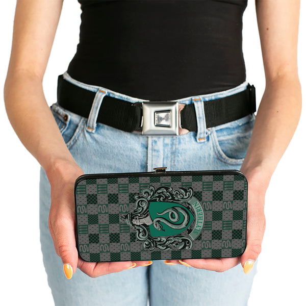 Buckle-Down Hinged Wallet - Harry Potter SLYTHERIN Crest Heraldry Checkers Gray Greens