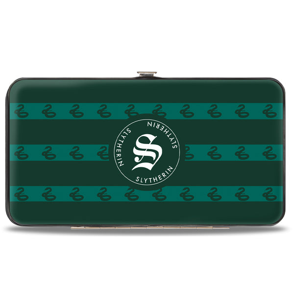 Buckle-Down Hinged Wallet - HOGWARTS ALUMNI SLYTHERIN + Initial Monogram Snake Icon Stripe Greens White Grays