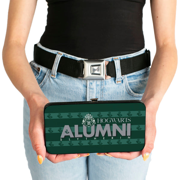 Buckle-Down Hinged Wallet - HOGWARTS ALUMNI SLYTHERIN + Initial Monogram Snake Icon Stripe Greens White Grays