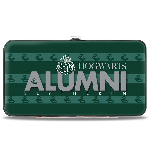 Buckle-Down Hinged Wallet - HOGWARTS ALUMNI SLYTHERIN + Initial Monogram Snake Icon Stripe Greens White Grays