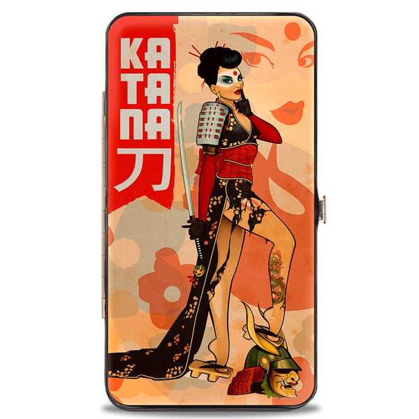 Buckle-Down Hinged Wallet - KATANA Bombshell Pose Silhouette Face Flowers Tan Reds