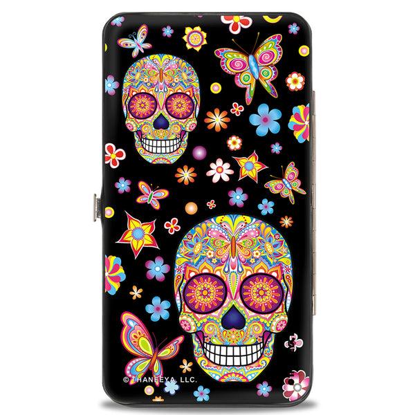 Buckle-Down Hinged Wallet - Mariposa Calaveras Butterflies Flowers Black Multi Color