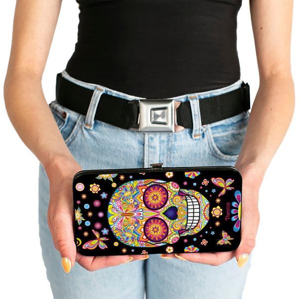 Buckle-Down Hinged Wallet - Mariposa Calaveras Butterflies Flowers Black Multi Color
