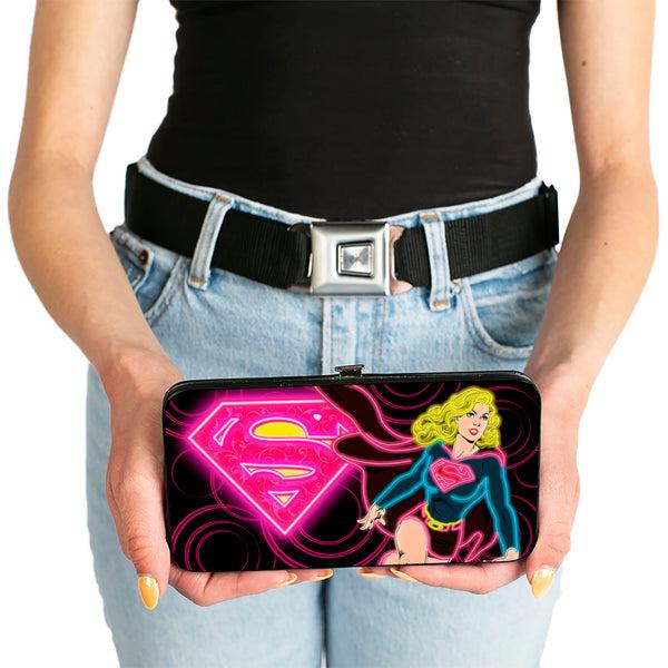 Buckle-Down Hinged Wallet - Neon Super Shield Supergirl Pose Rings Black Pinks Yellow