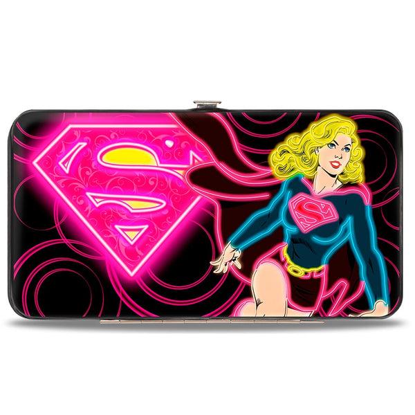 Buckle-Down Hinged Wallet - Neon Super Shield Supergirl Pose Rings Black Pinks Yellow