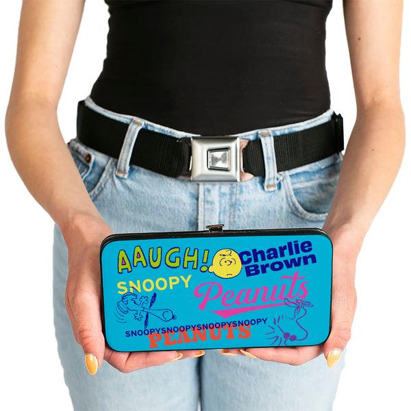 Buckle-Down Hinged Wallet - PEANUTS Charlie Brown Snoopy And Woodstock Typography Collage Blue/Multi Color
