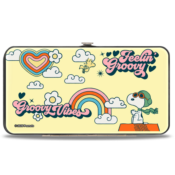 Buckle-Down Hinged Wallet - Peanuts Snoopy Flying Ace And Woodstock GROOVY Quotes Collage Yellow