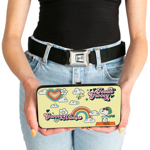 Buckle-Down Hinged Wallet - Peanuts Snoopy Flying Ace And Woodstock GROOVY Quotes Collage Yellow