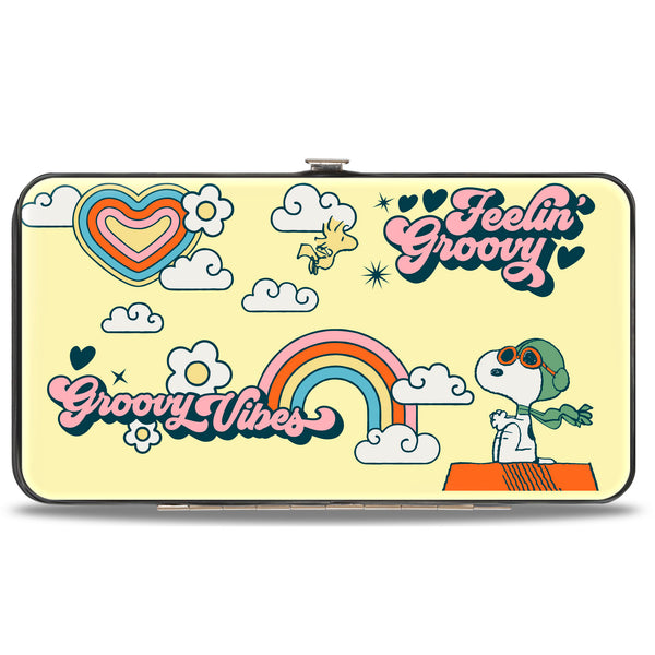 Buckle-Down Hinged Wallet - Peanuts Snoopy Flying Ace And Woodstock GROOVY Quotes Collage Yellow