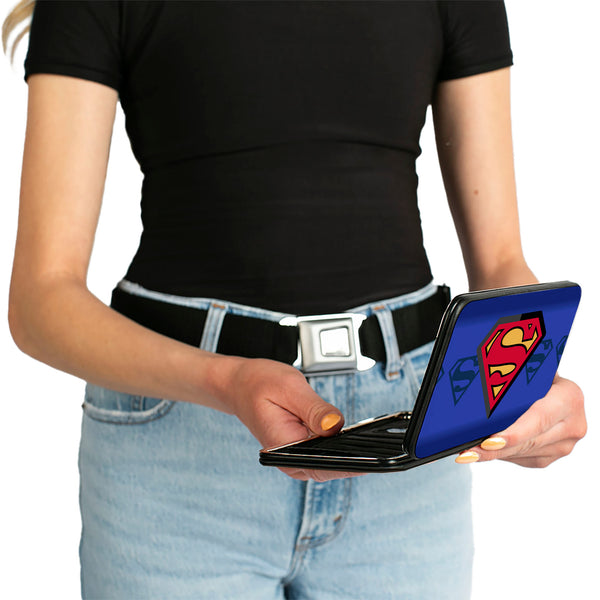 Buckle-Down Hinged Wallet - Superman Shield Centered Shield Stripe Blues
