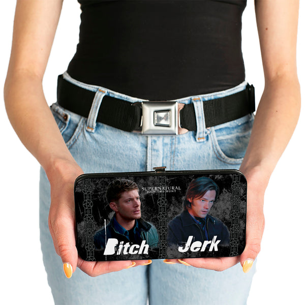 Buckle-Down Hinged Wallet - SUPERNATURAL 4-Character Poses BITCH-JERK + IDJITS ASSBUTT Black Grays White