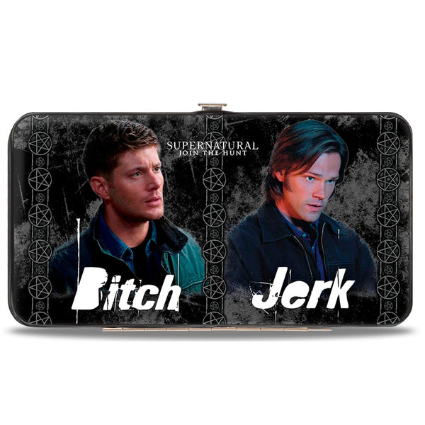 Buckle-Down Hinged Wallet - SUPERNATURAL 4-Character Poses BITCH-JERK + IDJITS ASSBUTT Black Grays White