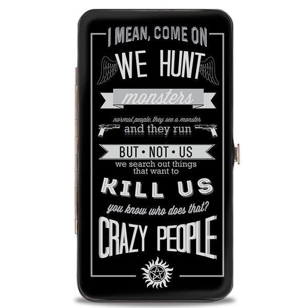 Buckle-Down Hinged Wallet - Supernatural Dean CRAZY PEOPLE Quote Winchester Pentagram Black Grays