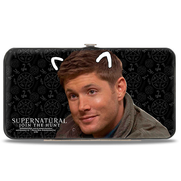 Buckle-Down Hinged Wallet - SUPERNATURAL Sam Moose + Dean Sqirrel Poses Scattered Symbols Black Gray White