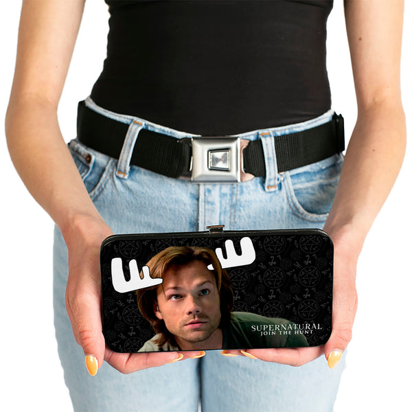 Buckle-Down Hinged Wallet - SUPERNATURAL Sam Moose + Dean Sqirrel Poses Scattered Symbols Black Gray White