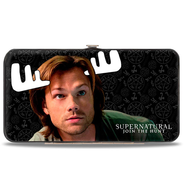 Buckle-Down Hinged Wallet - SUPERNATURAL Sam Moose + Dean Sqirrel Poses Scattered Symbols Black Gray White