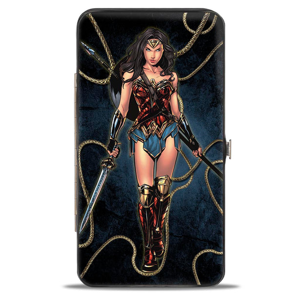 Buckle-Down Hinged Wallet - Wonder Woman 2017 Standing Swords Pose + Icon/Lasso of Truth Blues/Golds