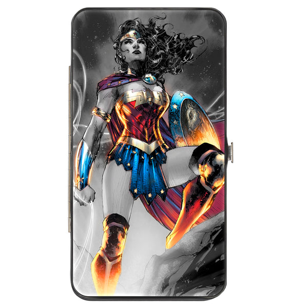 Buckle-Down Hinged Wallet - Wonder Woman 75th Anniversary Comic Book Cover Standing Pose Grays Full Color