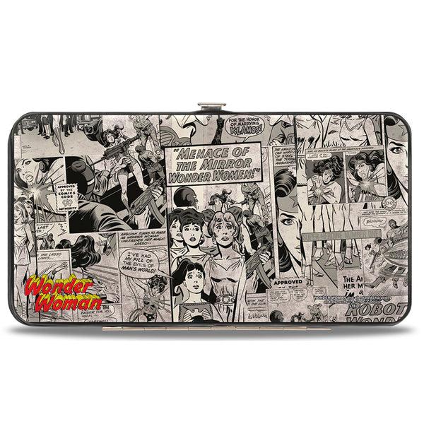 Buckle-Down Hinged Wallet - Wonder Woman Logo Comic Scenes Grays Blue Red Yellow