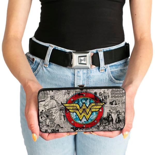 Buckle-Down Hinged Wallet - Wonder Woman Logo Comic Scenes Grays Blue Red Yellow