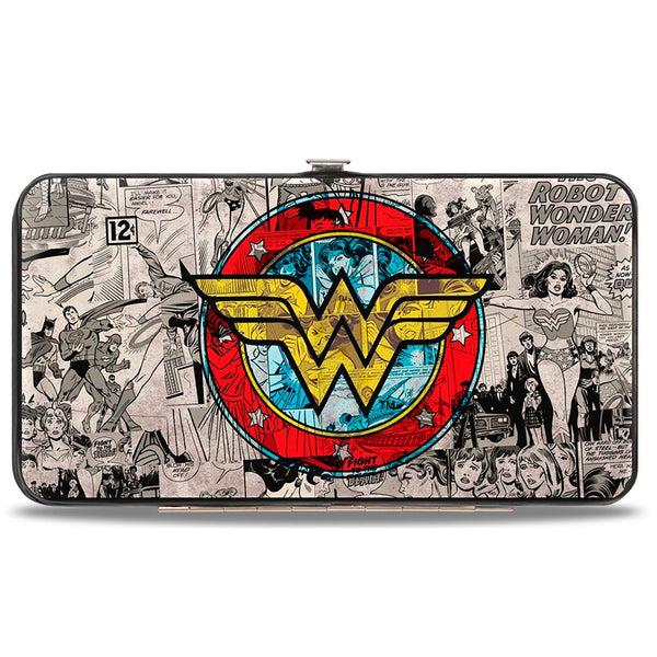 Buckle-Down Hinged Wallet - Wonder Woman Logo Comic Scenes Grays Blue Red Yellow