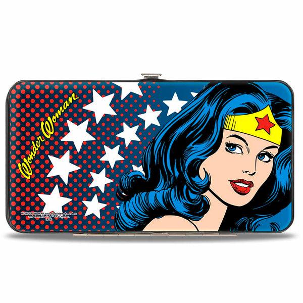 Buckle-Down Hinged Wallet - WONDER WOMAN Stars Face Halftone Blues Red Yellow White