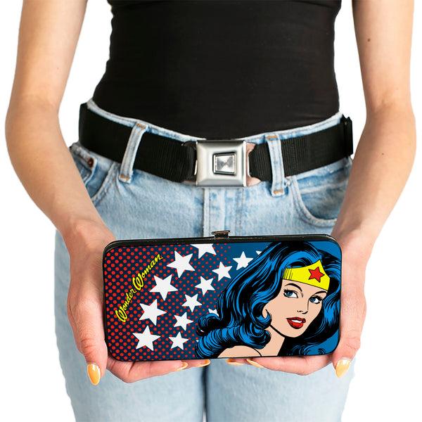 Buckle-Down Hinged Wallet - WONDER WOMAN Stars Face Halftone Blues Red Yellow White
