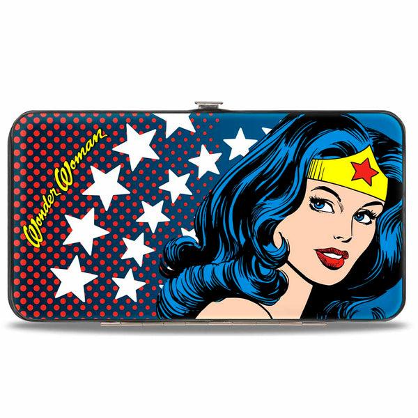 Buckle-Down Hinged Wallet - WONDER WOMAN Stars Face Halftone Blues Red Yellow White