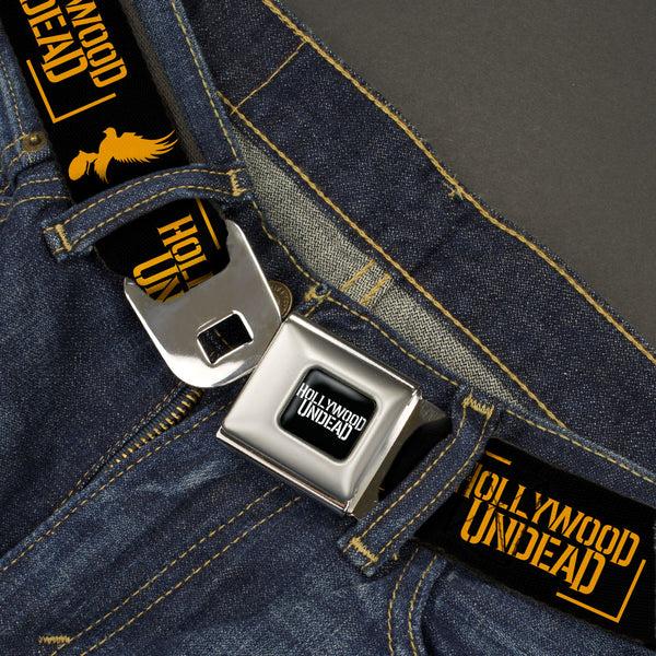 Buckle-Down HOLLYWOOD UNDEAD Text Logo Full Color Black/White Seatbelt Belt - HOLLYWOOD UNDEAD Text Logo/Dove & Grenade Icon Black/Gold Webbing