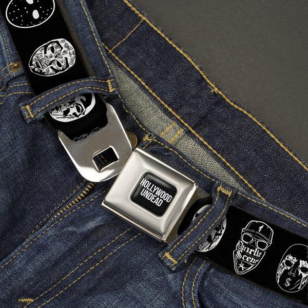 Buckle-Down HOLLYWOOD UNDEAD Text Logo Full Color Black/White Seatbelt Belt - Hollywood Undead Mask Icons Scattered Black/White Webbing