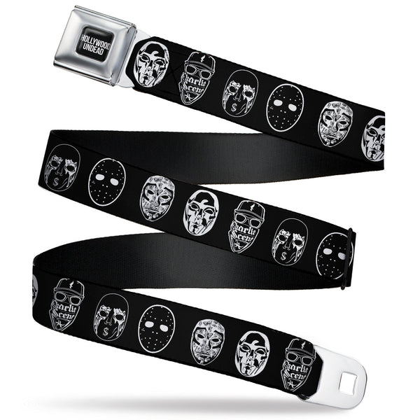Buckle-Down HOLLYWOOD UNDEAD Text Logo Full Color Black/White Seatbelt Belt - Hollywood Undead Mask Icons Scattered Black/White Webbing