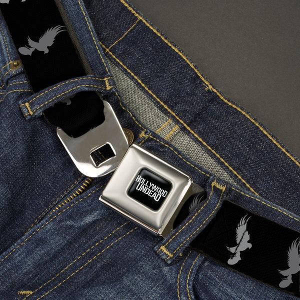 Buckle-Down HOLLYWOOD UNDEAD Text Logo Full Color Black/White Seatbelt Belt - Hollywood Undead Dove & Grenade Icon Black/Grays Webbing