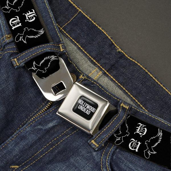 Buckle-Down HOLLYWOOD UNDEAD Text Logo Full Color Black/White Seatbelt Belt - Hollywood Undead HU Shatter Dove & Grenade Black/White Webbing