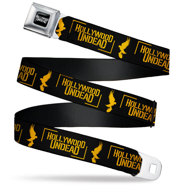 Buckle-Down HOLLYWOOD UNDEAD Text Logo Full Color Black/White Seatbelt Belt - HOLLYWOOD UNDEAD Text Logo/Dove & Grenade Icon Black/Gold Webbing