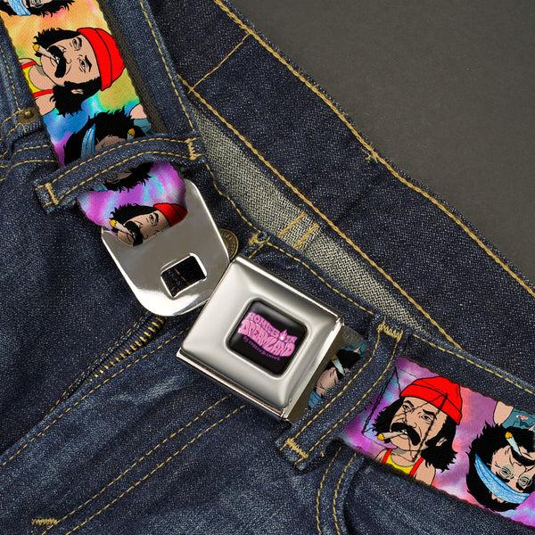Buckle-Down HOMIES IN DREAMLAND BY CHEECH & CHONG Title Logo Full Color Black/Purples Seatbelt Belt - Homies In Dreamland Cheech And Chong Pose Flip Tie Dye Multi Color Webbing