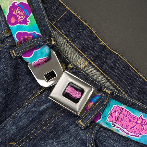 Buckle-Down HOMIES IN DREAMLAND BY CHEECH & CHONG Title Logo Full Color Black/Purples Seatbelt Belt - HOMIES IN DREAMLAND Title Logo Cheech And Chong Faces Tie Dye Blues Webbing