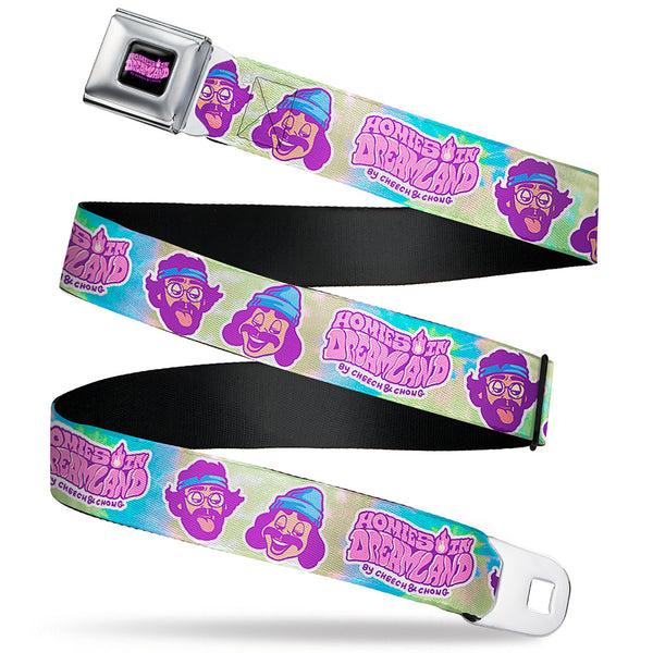 Buckle-Down HOMIES IN DREAMLAND BY CHEECH & CHONG Title Logo Full Color Black/Purples Seatbelt Belt - HOMIES IN DREAMLAND Title Logo Cheech and Chong Faces Tie Dye Blues Webbing