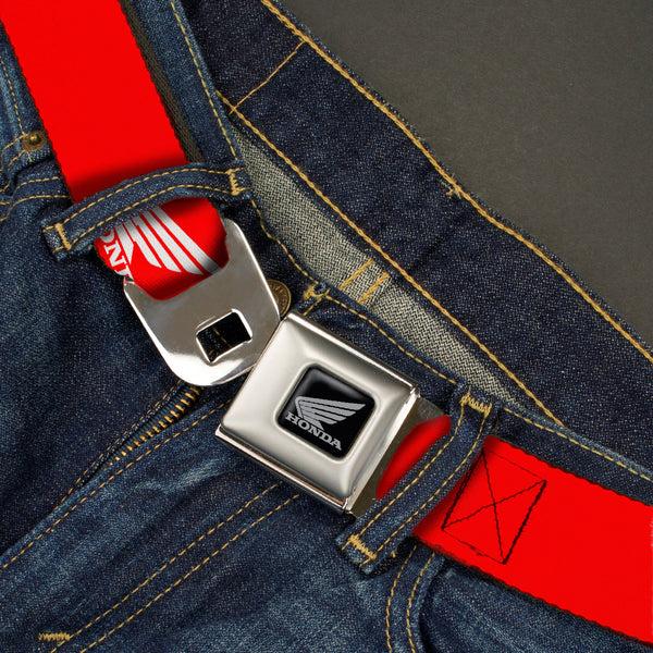 Buckle-Down Honda Motorcycle Black Silver Seatbelt Belt - HONDA Motorcycle Logo Red/White Webbing