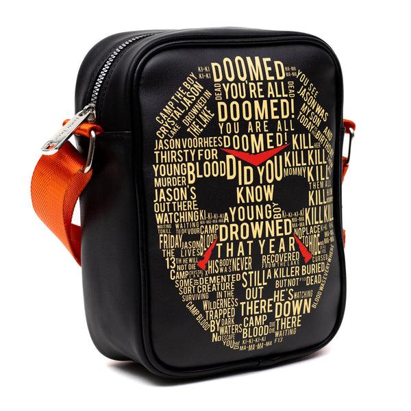 Buckle-Down Horror Movies Vegan Leather Cross Body Backpack For Men And Women With Adjustable Strap Friday The 13th Jason Hockey Mask Quotes Typography Black