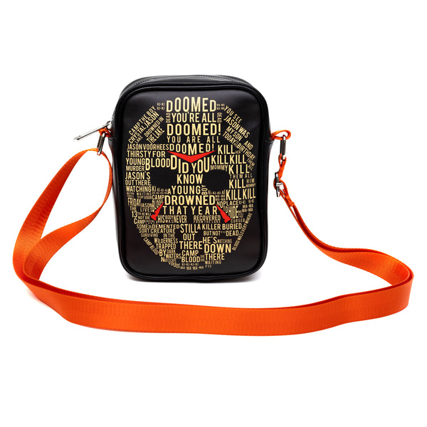 Buckle-Down Horror Movies Vegan Leather Cross Body Backpack For Men And Women With Adjustable Strap Friday The 13th Jason Hockey Mask Quotes Typography Black